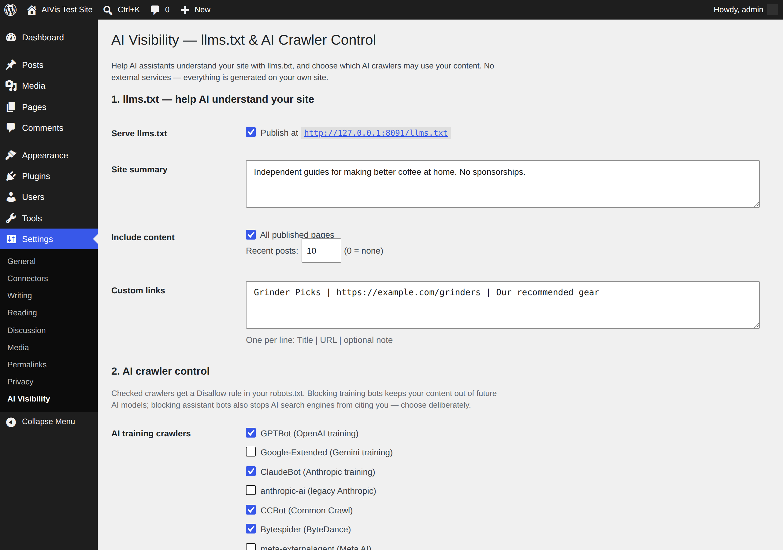 AI Visibility settings page: llms.txt configuration and AI crawler checkboxes