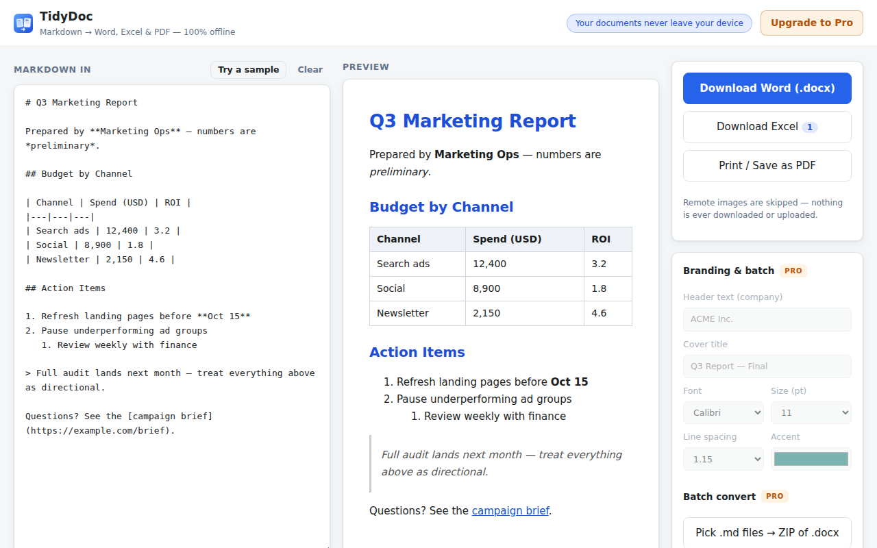TidyDoc interface: Markdown pasted on the left, polished document preview on the right, download buttons for Word, Excel and PDF
