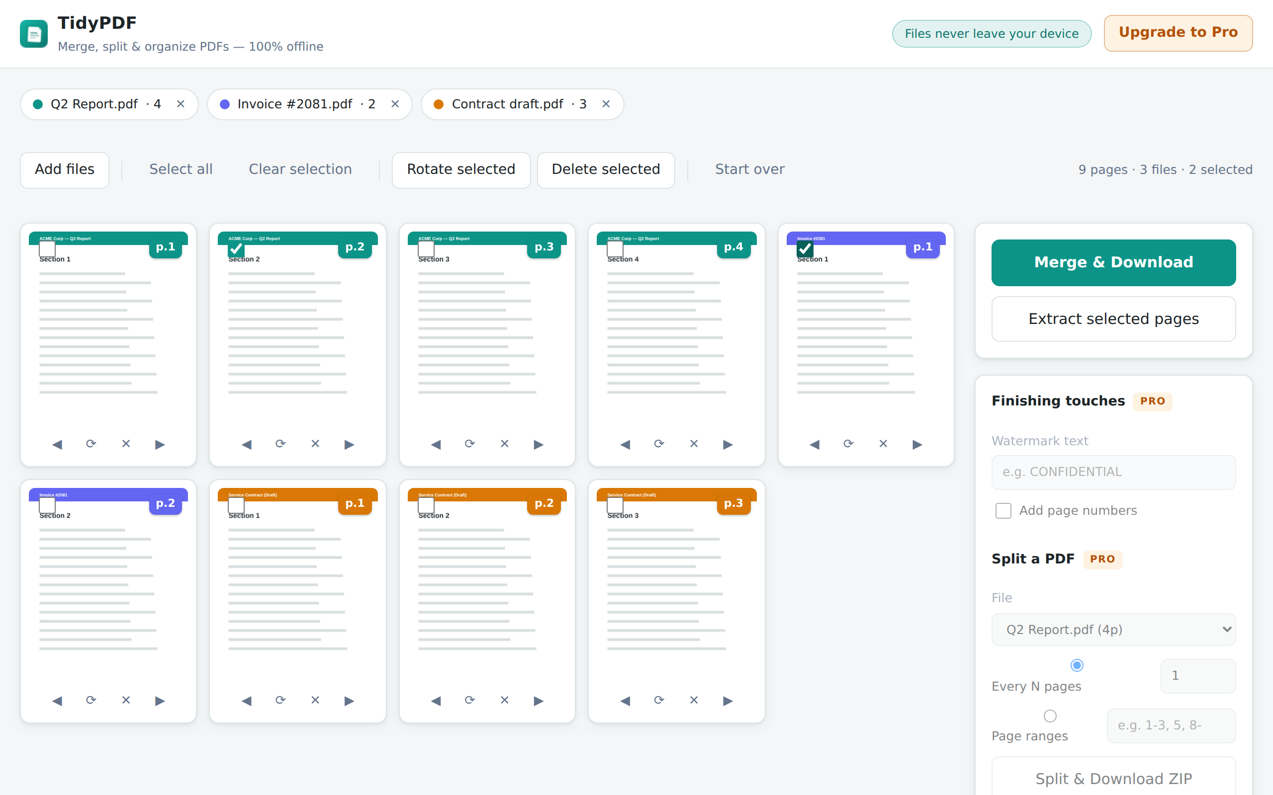TidyPDF interface: page thumbnails from three PDF files being reordered before merging